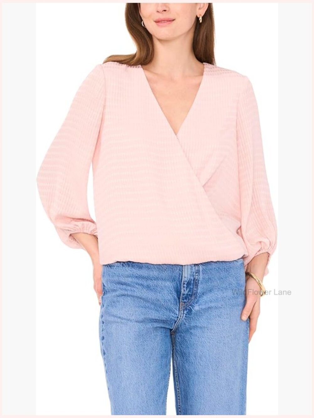 Balloon Sleeve Cross Front Blouse V-Neck Tunic Top